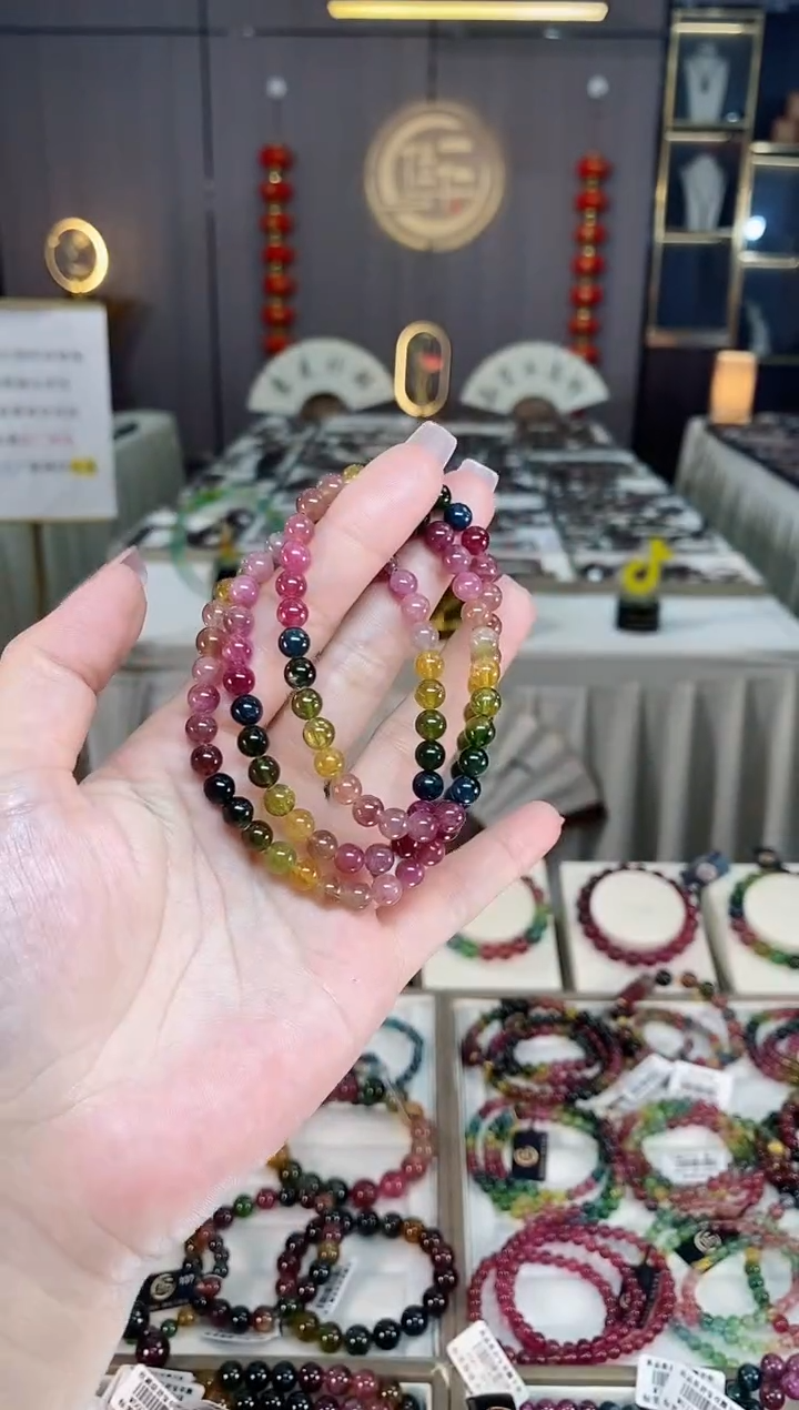 未镶嵌冰透体老矿碧玺彩虹三圈手串6mm+碧玺hon多样性发一条