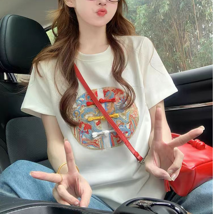 短袖圆领薄款厚款常规款上衣显瘦时尚夏季复古宽松印花国潮设计感