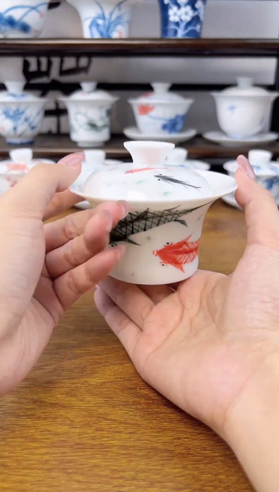 超薄胎宽口马蹄双鱼锦鲤盖碗140cc