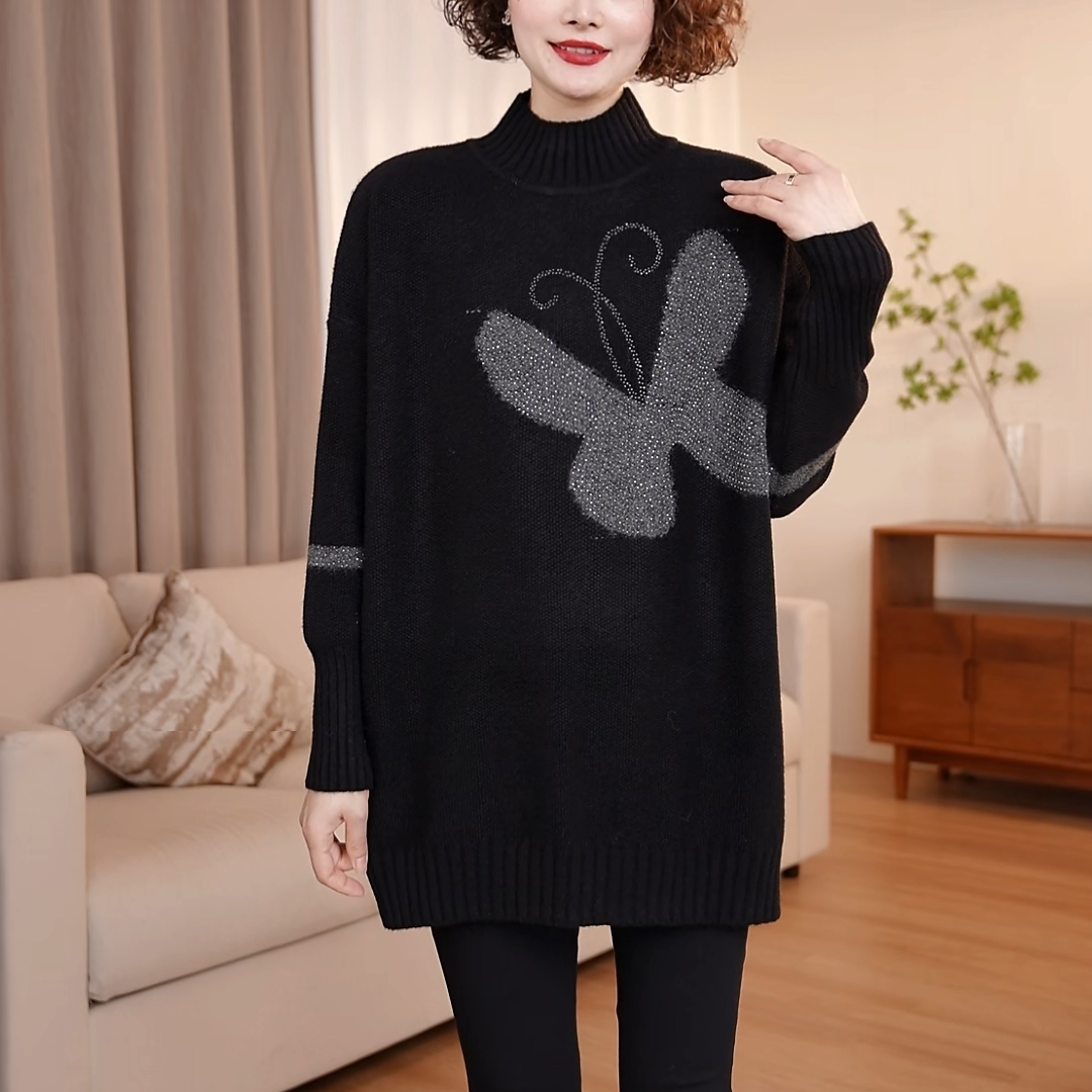 【现货】加厚毛衣女冬季烫钻大码宽松中长款休闲针织衫上衣内搭