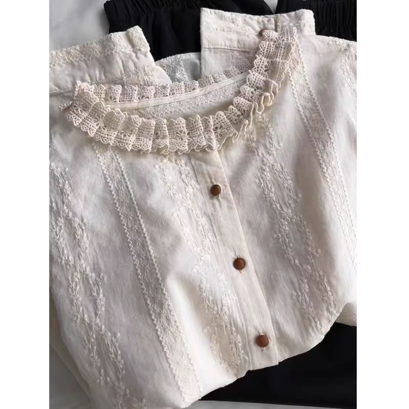 【柚子同款】 春季法式温柔刺绣提花百搭小个子衬衣女681