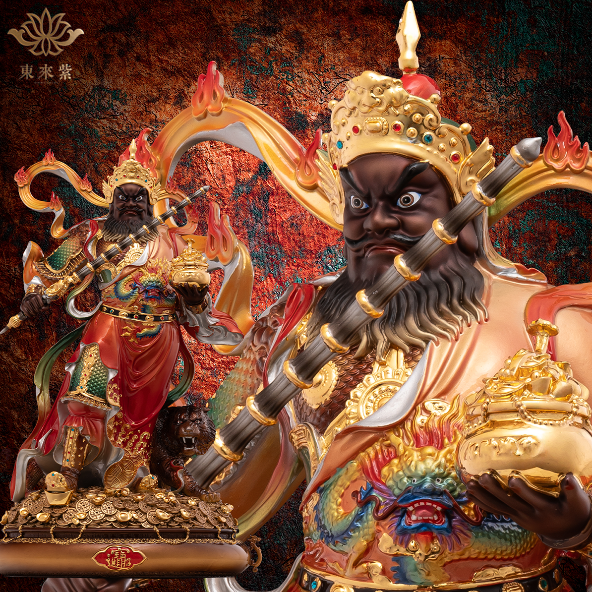 东来紫赵公明雕像武财神爷站像铜雕托宝扬鞭财神摆件铜像摆件黄铜