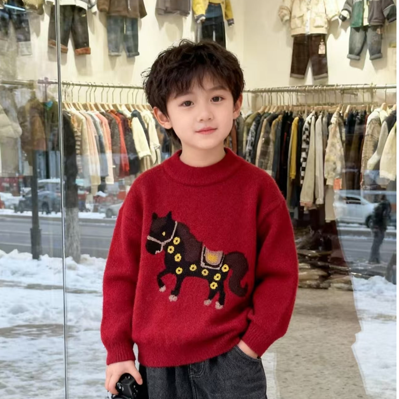 【马上有钱】不起球新年刺绣小马红色圆领毛衣马上有钱半高领针织衫