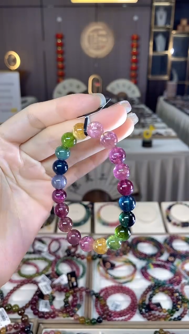 未镶嵌老矿碧玺色标彩虹单圈手串9mm+碧玺dan多样性发货一条