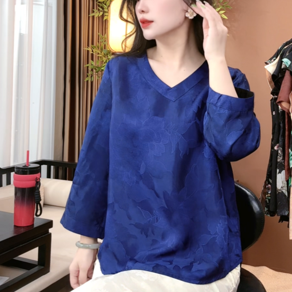夏季新中式桑蚕丝圆领长袖时尚提花中国风百搭上衣女S010