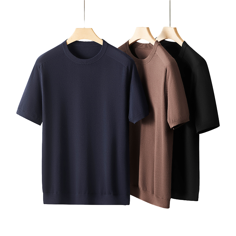  男士大码时尚百搭修身秋季圆领纯色商务休闲针织短袖T恤衫宽松TY