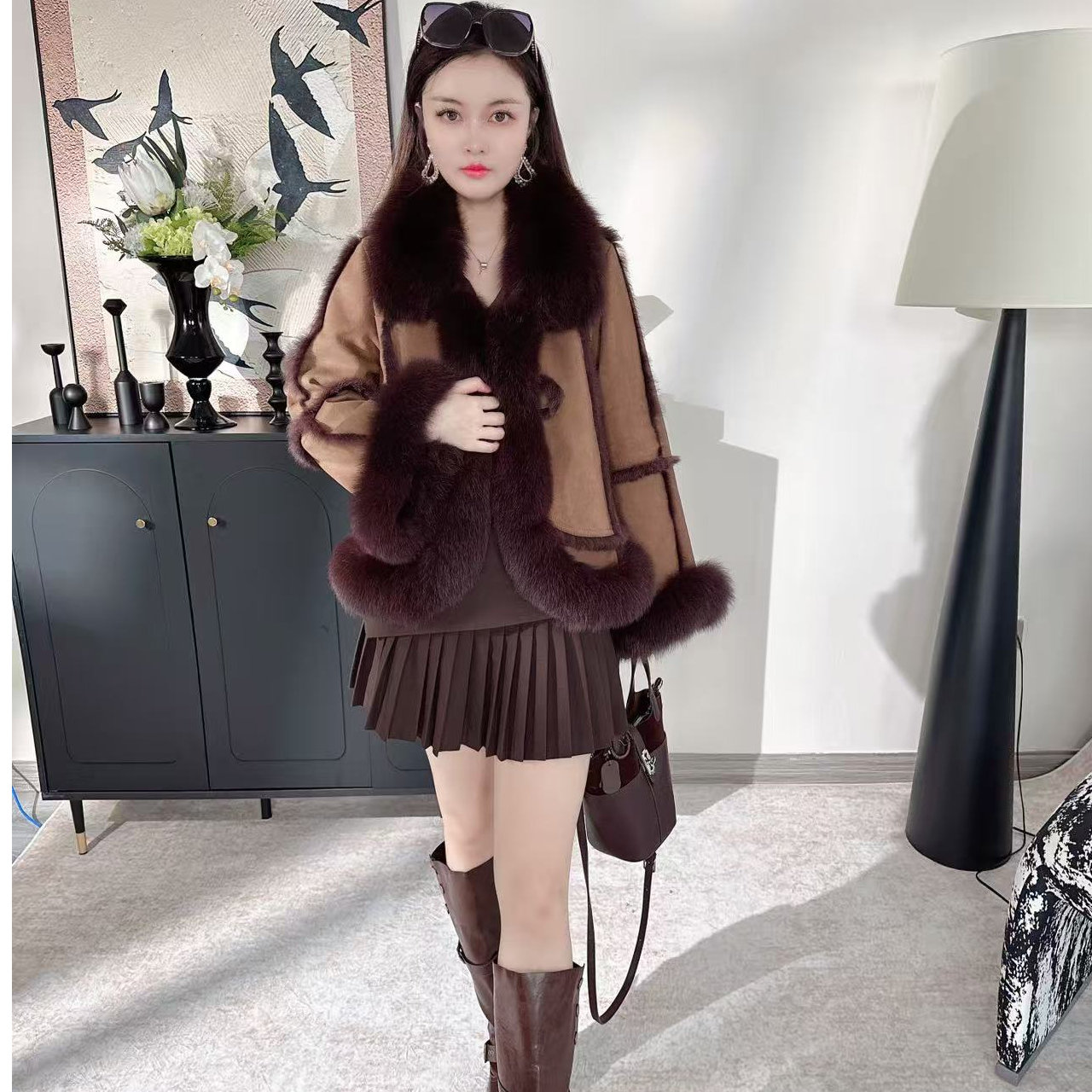 2025秋冬新品美拉德风兔皮毛一体狐狸毛领女式真皮草外套