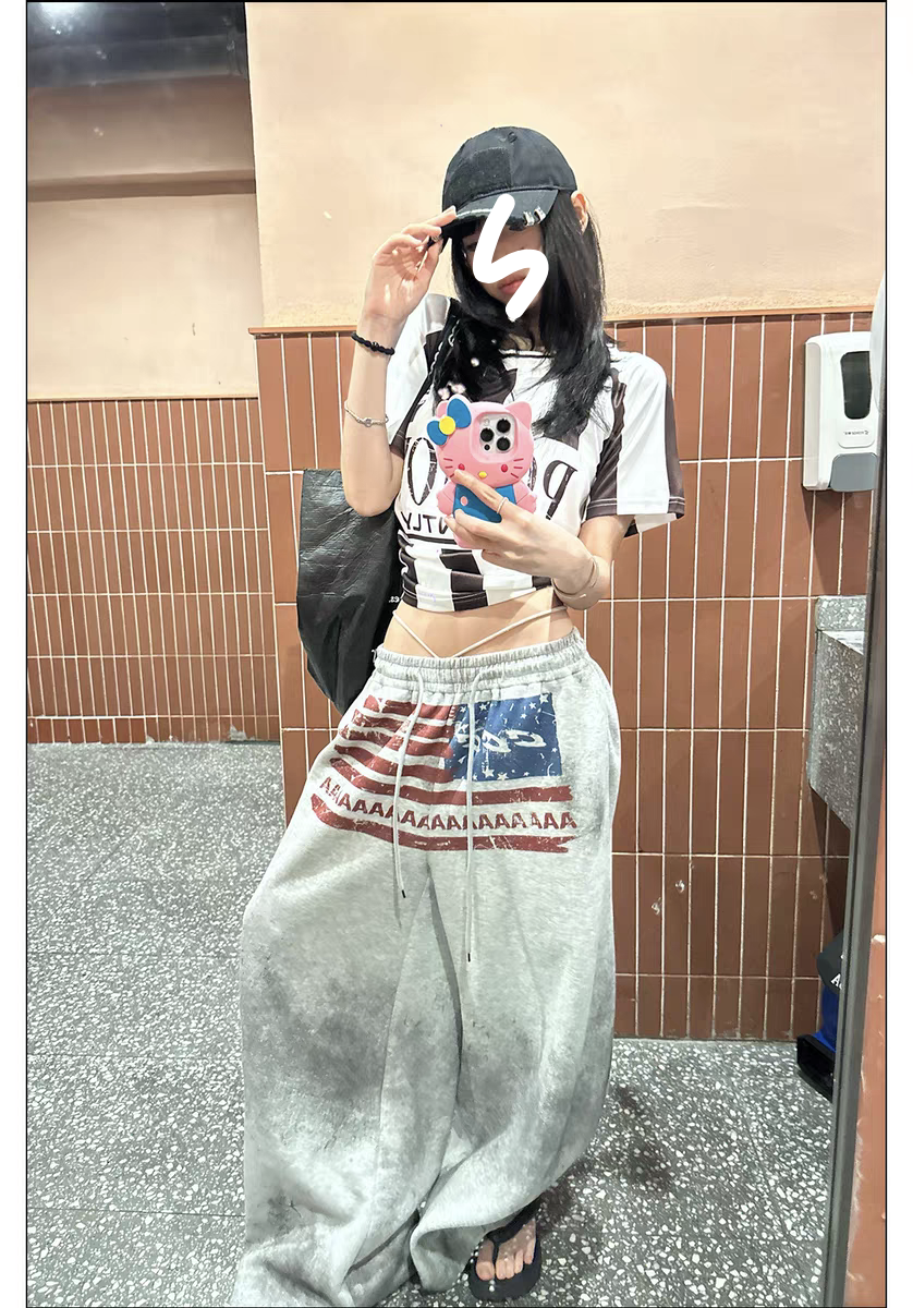 花生酱加绒加厚痞帅炸街风做旧脏染印花抽绳阔腿卫裤女秋宽松裤子