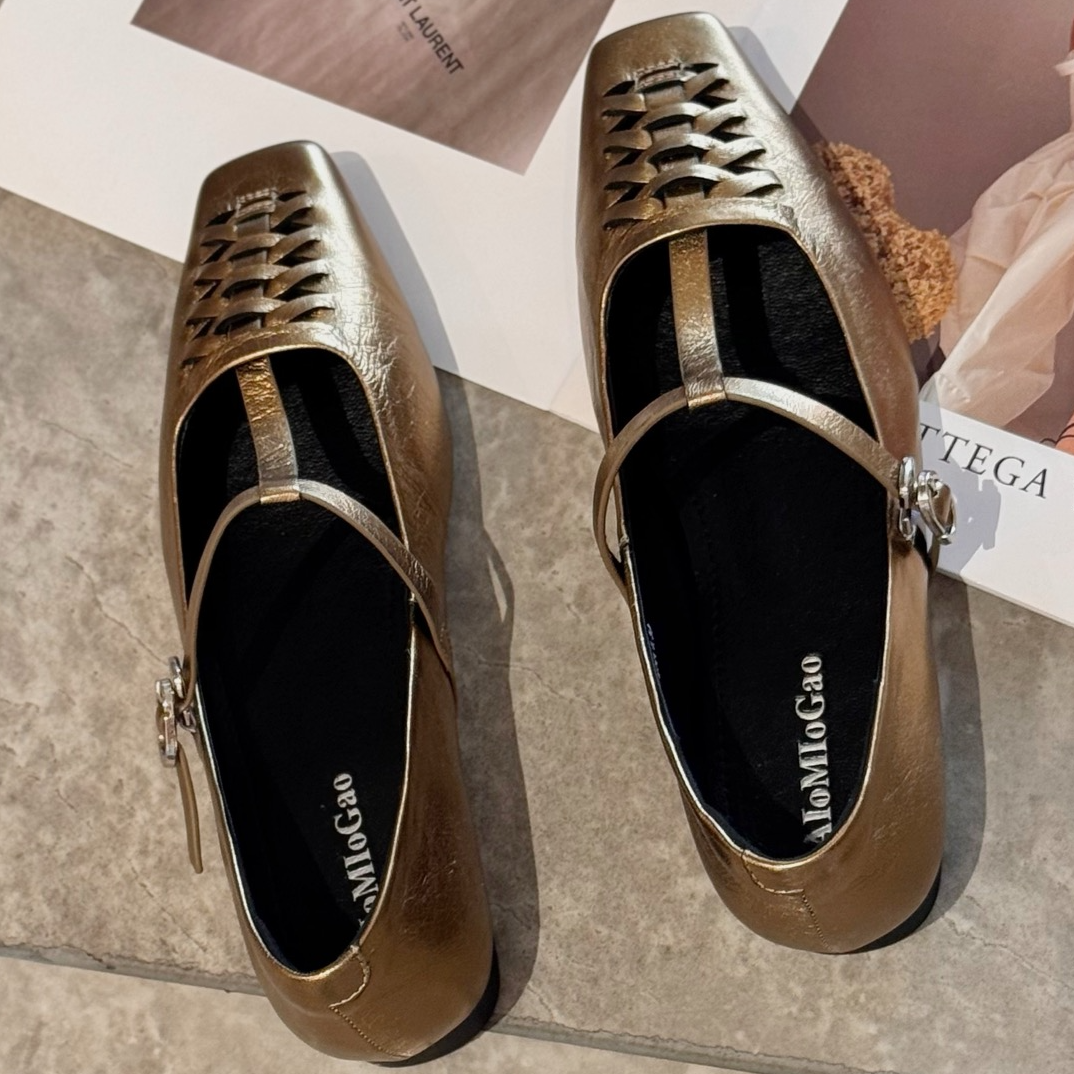 低跟羊皮乐福丁字鞋001238古金