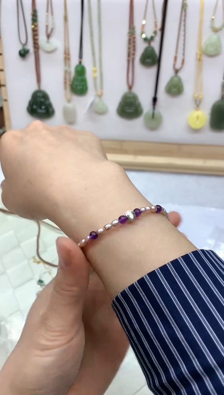 银S925镶嵌手绳淡水珍珠紫珍珠手串3