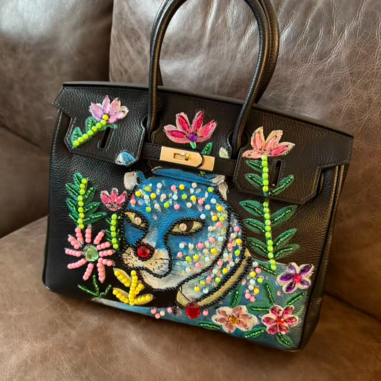 A971 时尚女士黑色复古百搭手绘民族风中国风印花单肩肩包