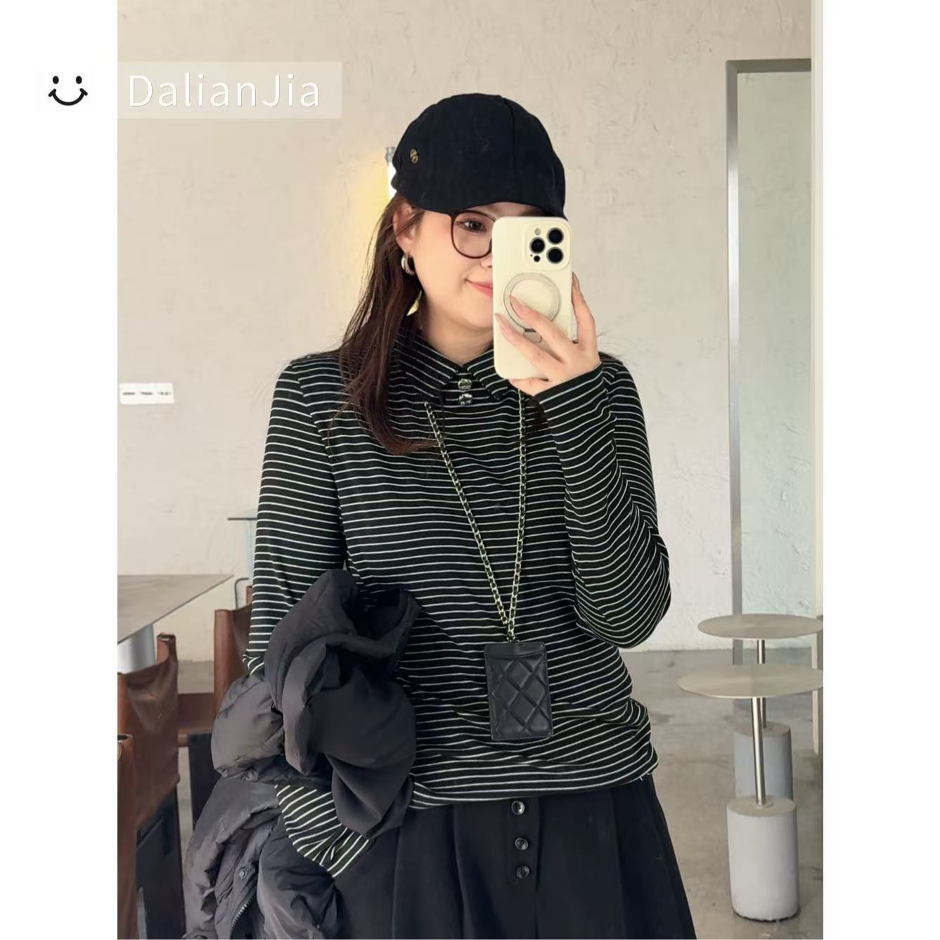 晶咕佳佳【条纹曲调】后背拉链翻领条纹上衣毛感时尚休闲百搭高领