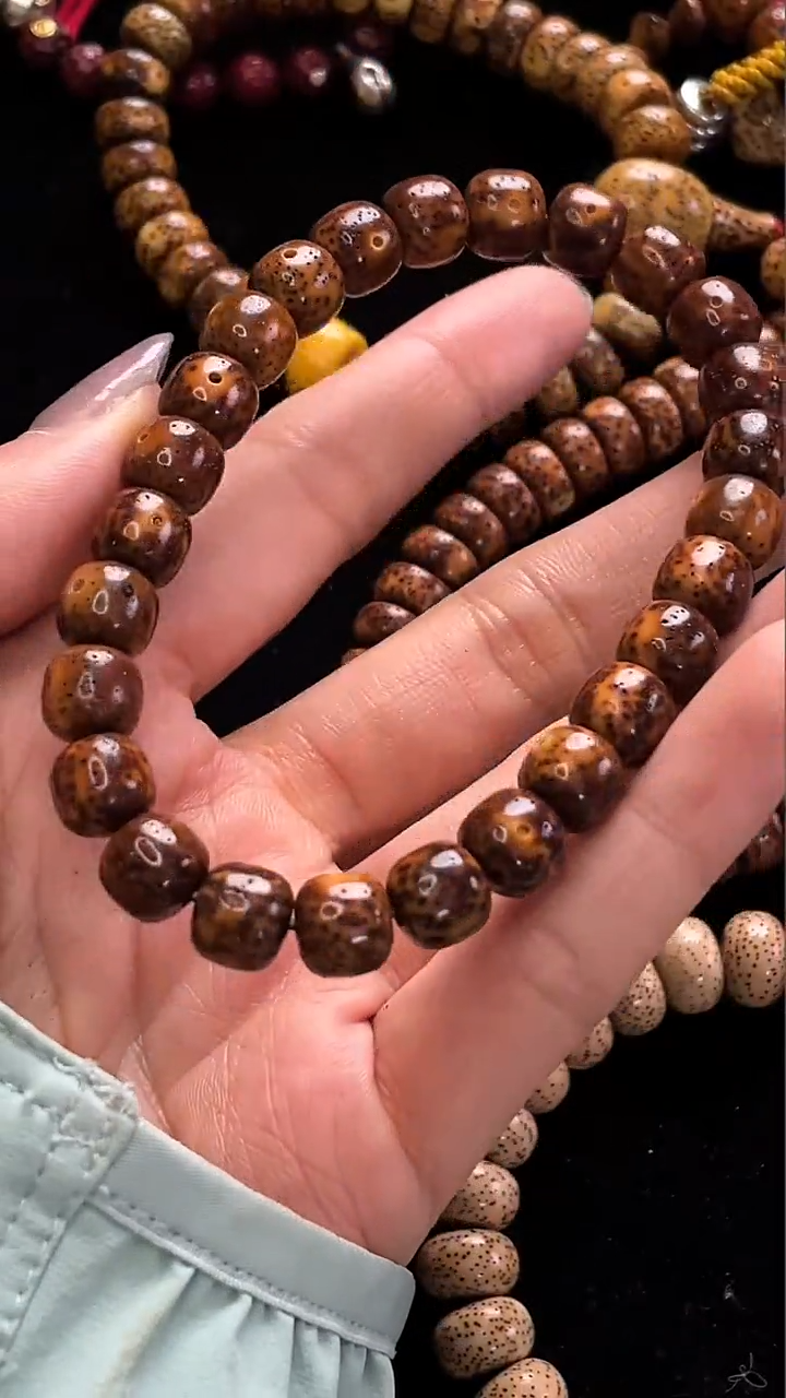 手串星月菩提精工级中珀金花皮桶珠9*8手串
