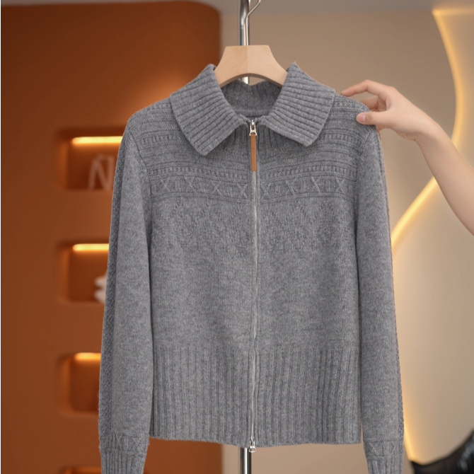 【荣荣】重工提花翻领双拉链羊毛针织衫-Y20164