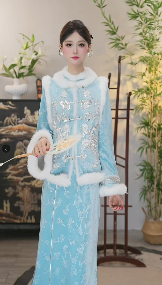 储秋2025冬季装时尚加绒中式黑色显瘦中长款裙子（2872+2862）