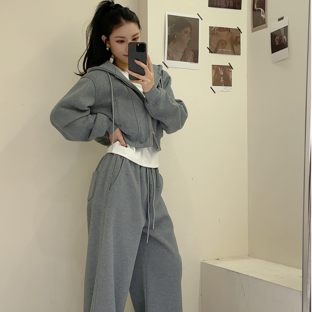 加绒新款双拉链显瘦运动套装女设计感长袖连帽卫衣时尚外套阔腿裤