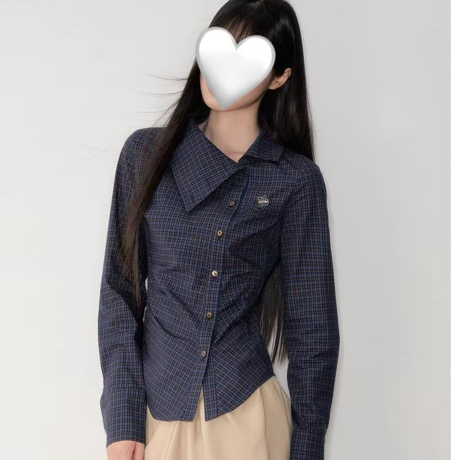 甜粿妹妹深藏青斜翻领复古格纹掐腰显瘦长袖衬衫上衣女