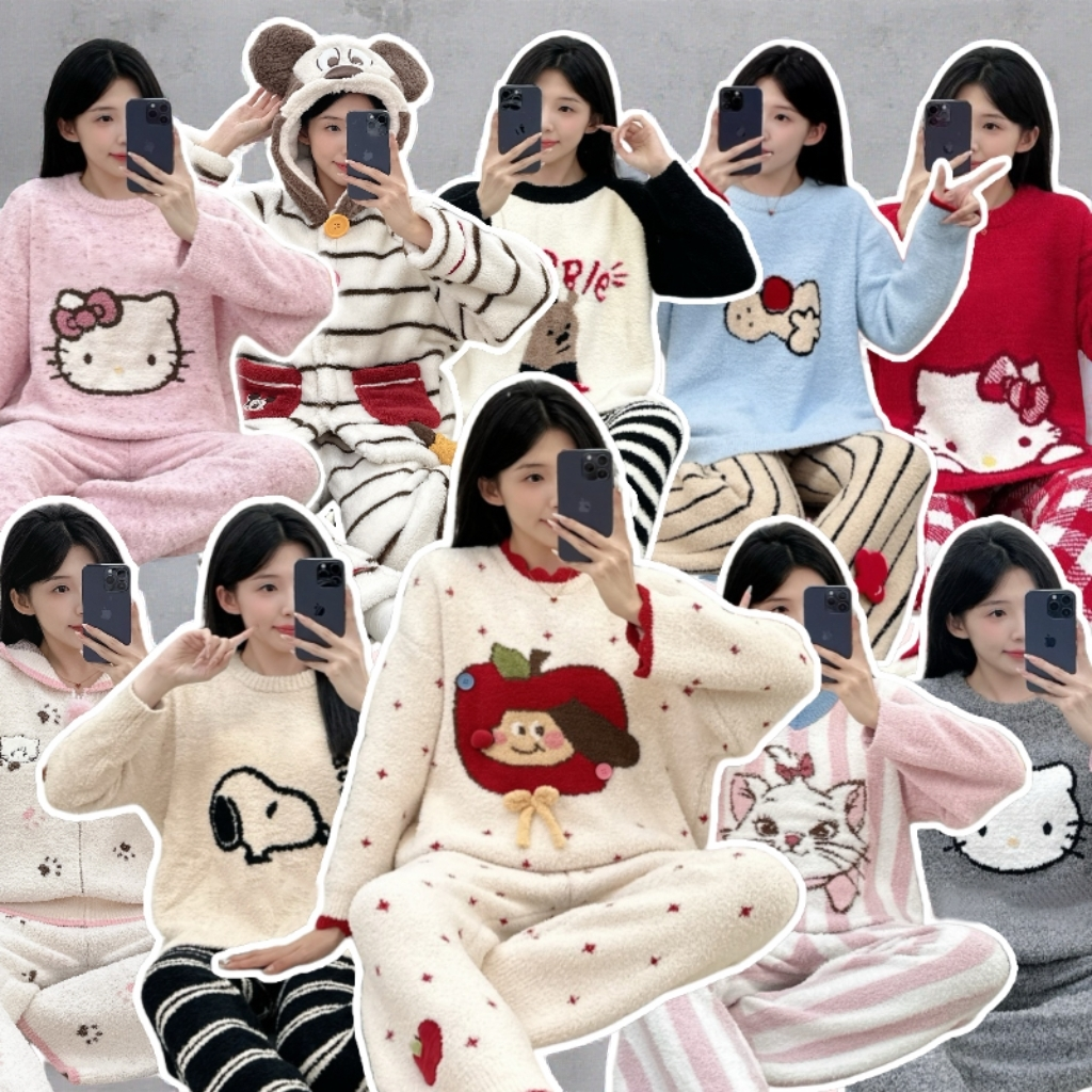 【4号链接】冬季加绒加厚保暖卡通半边绒女睡衣家居服套装可外穿