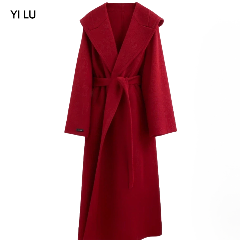 红色过年穿本命年秋冬长款羊毛大衣高奢面料显瘦帽领款小个子时尚
