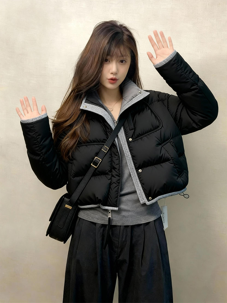 2025巨好看的短款羽绒服女冬小个子翻领撞色外套厚棉袄韩系面包服