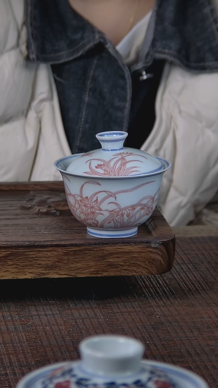 【闪购商品】折葵非器手工手绘石兰图盖碗