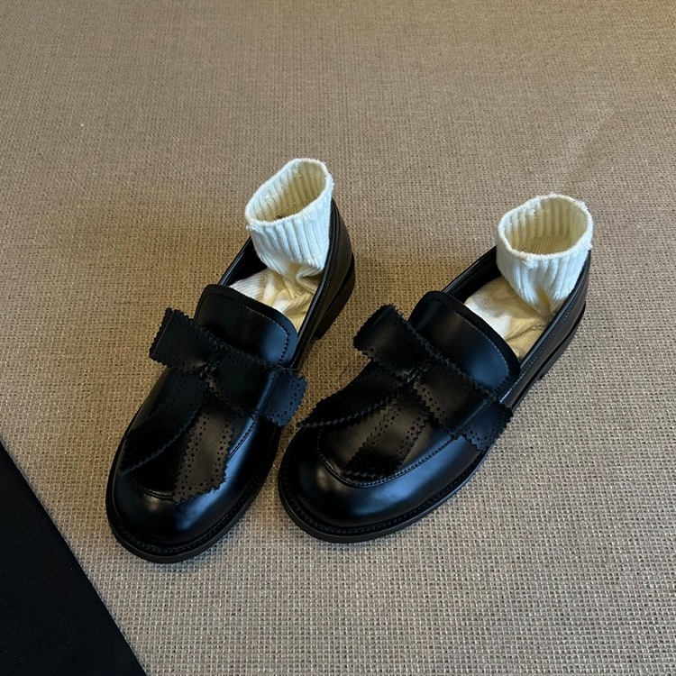 羊皮版~法式英伦风乐福鞋女低跟一脚蹬黑色小皮鞋软皮蝴蝶结单鞋