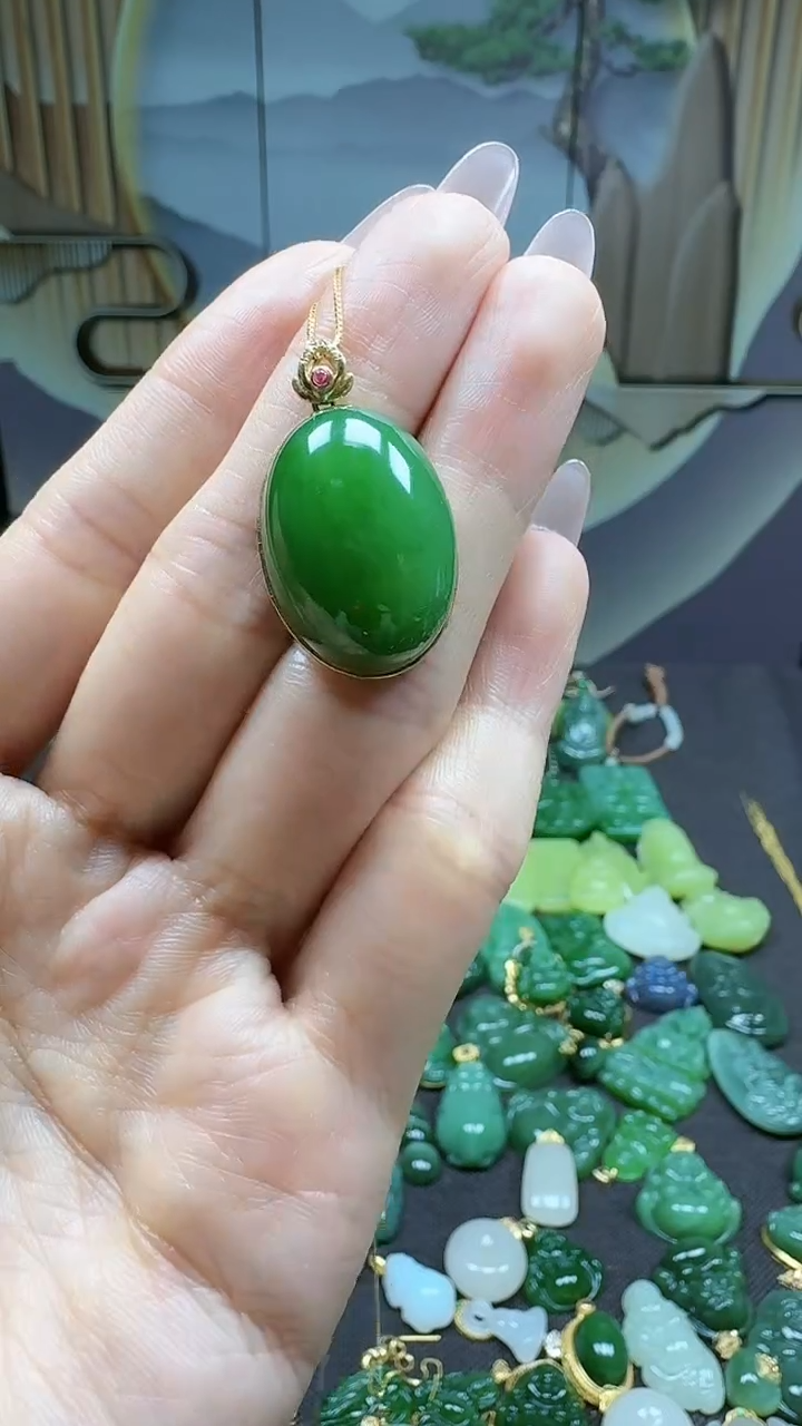 和田玉18K金镶嵌挂件1