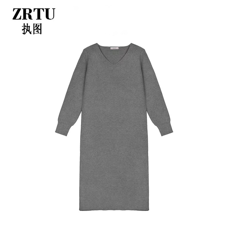 2025冬季新款V领宽松显瘦气质时尚打底内搭毛衣连衣裙