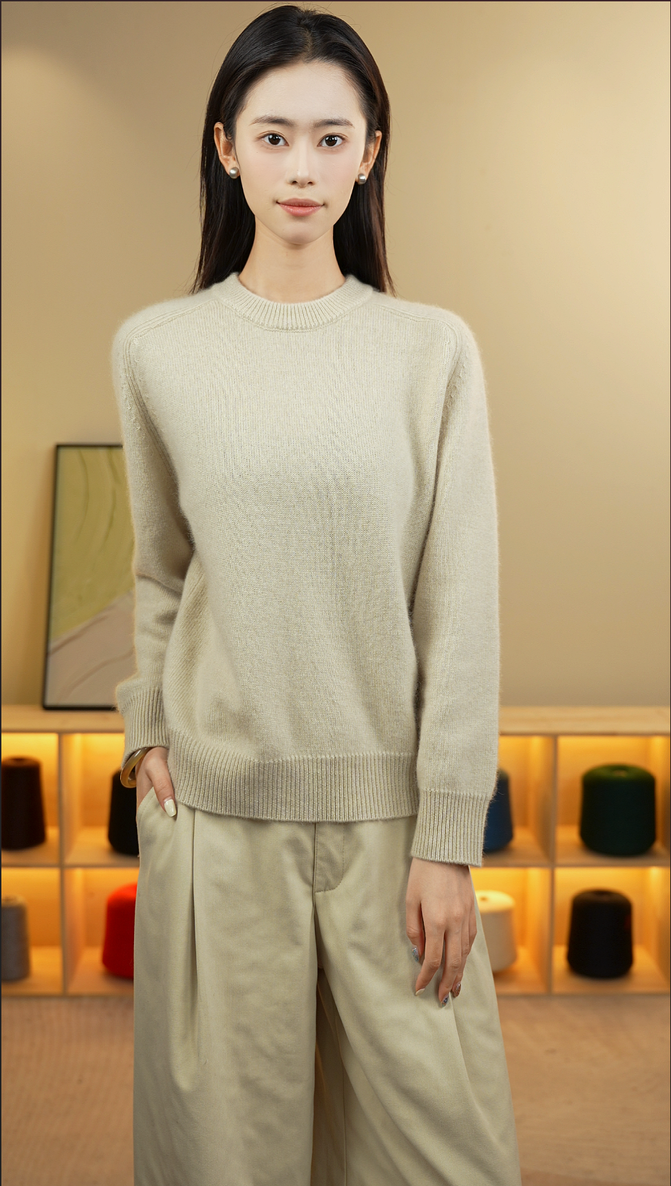 【极简魅力】宽松型半高圆领衫100%纯山羊绒毛衣提花针织圆领套衫