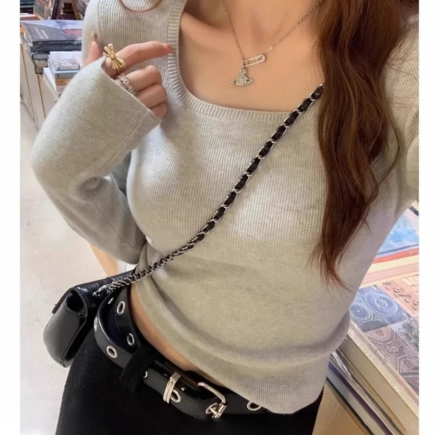 【优质面料】针织衫秋季冬季小众女针织长袖方领显瘦时尚气质毛衣