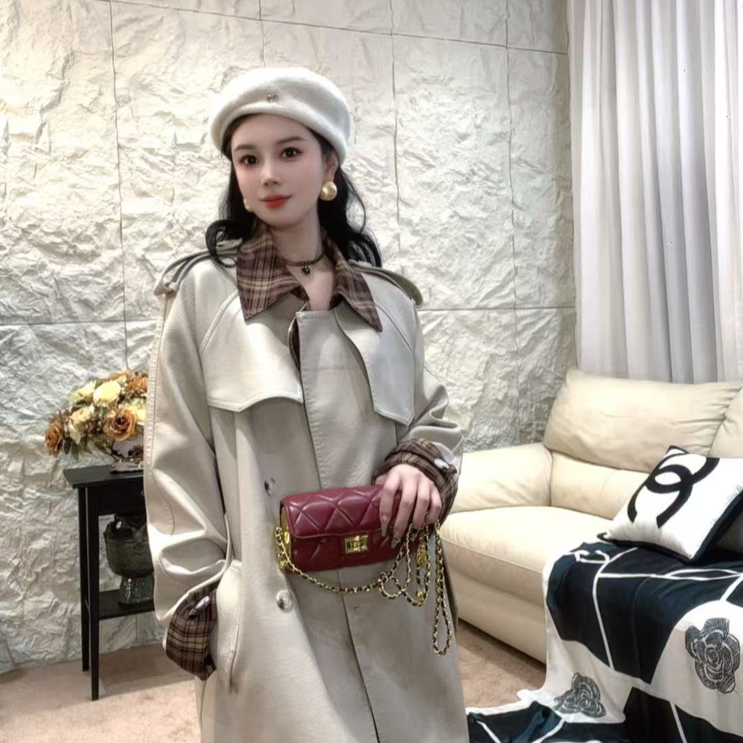 格纹冬季翻领格子褶皱风秋季风衣女装皮衣百搭时尚Q5XW86015
