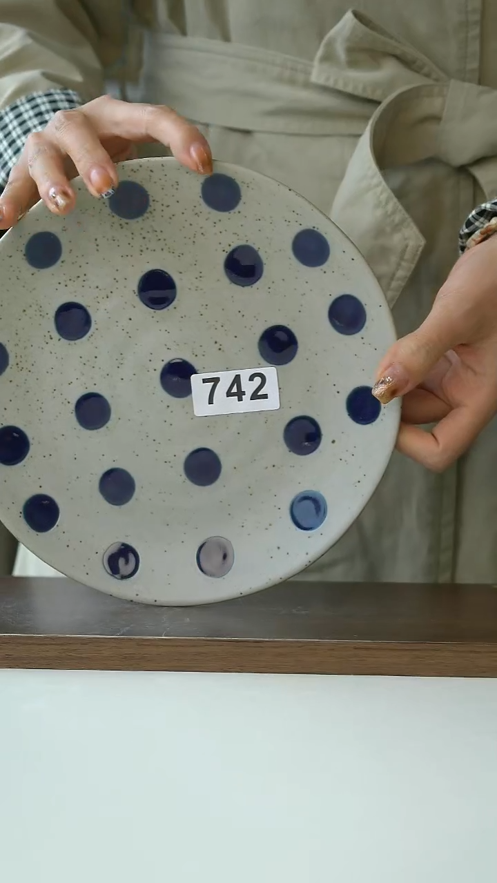 陶742粗陶手绘蓝宝石早餐盘21cm@7-7@瑕