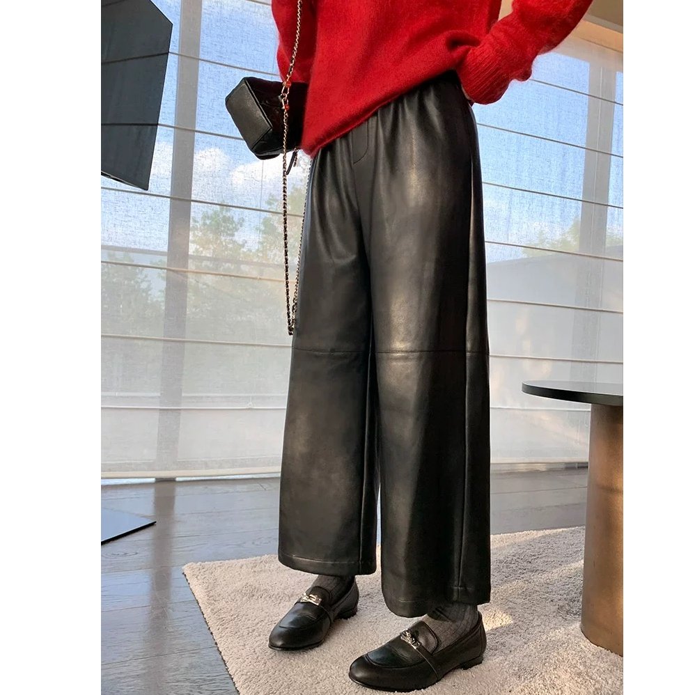 cheeseandkisses松紧腰皮裤女秋冬阔腿裤麂皮绒直筒裤