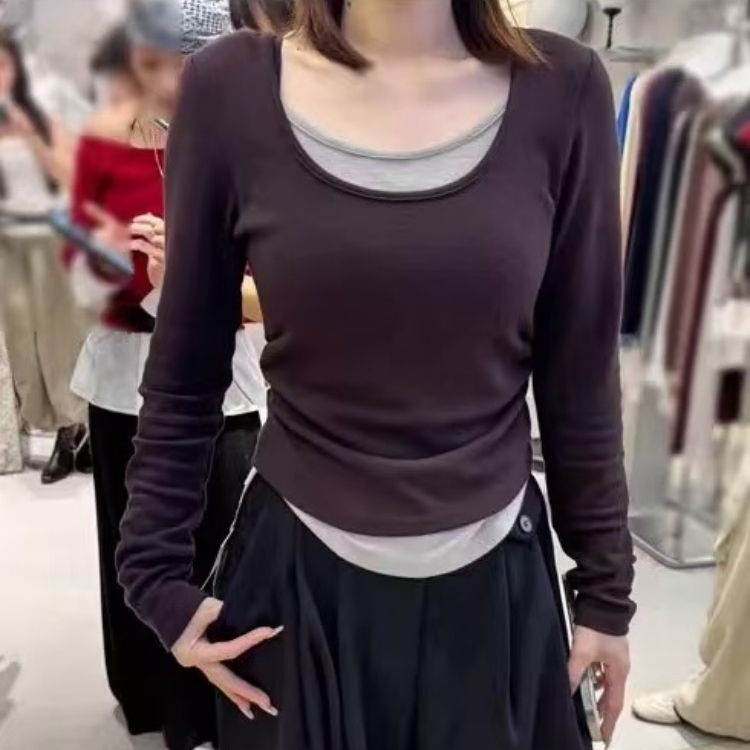 2025秋装新款韩版撞色假两件收腰长袖T恤女修身显瘦百搭打底上衣
