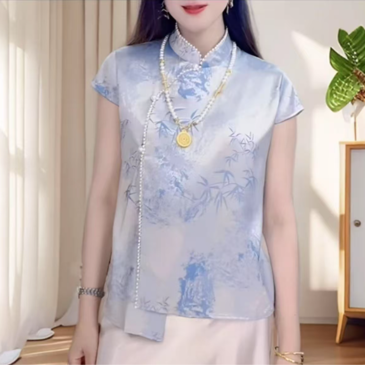 新款国风复古提花立领小衫重工钉珠夏季修身时尚新中式气质短袖