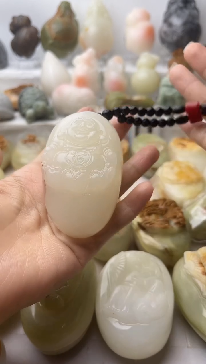 石材方解石手把件不退换弥勒佛