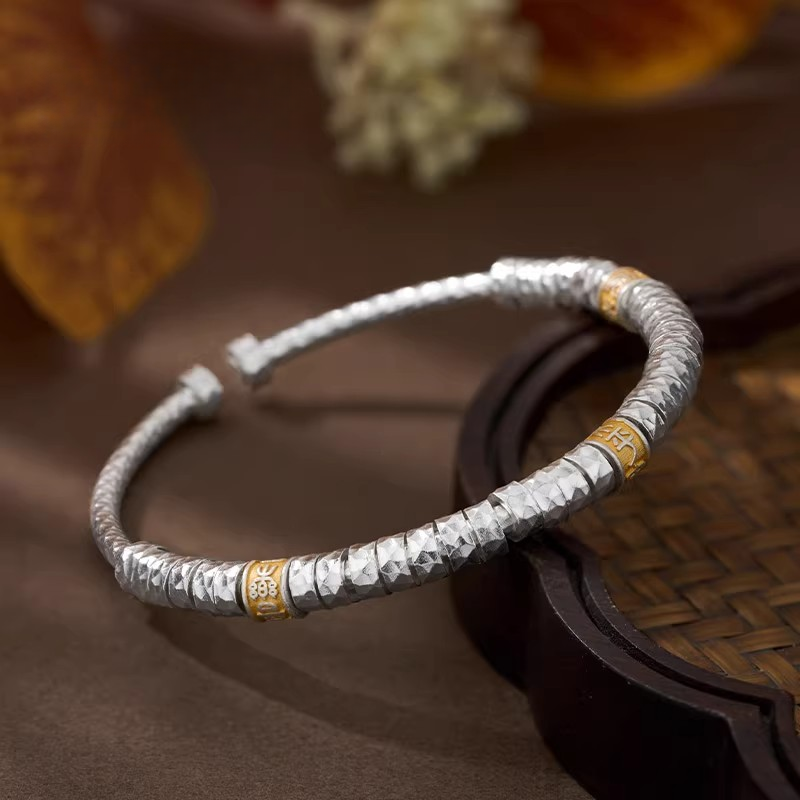 足银手镯 足银999纯银女手镯悦贯平安喜乐开口银手镯礼物