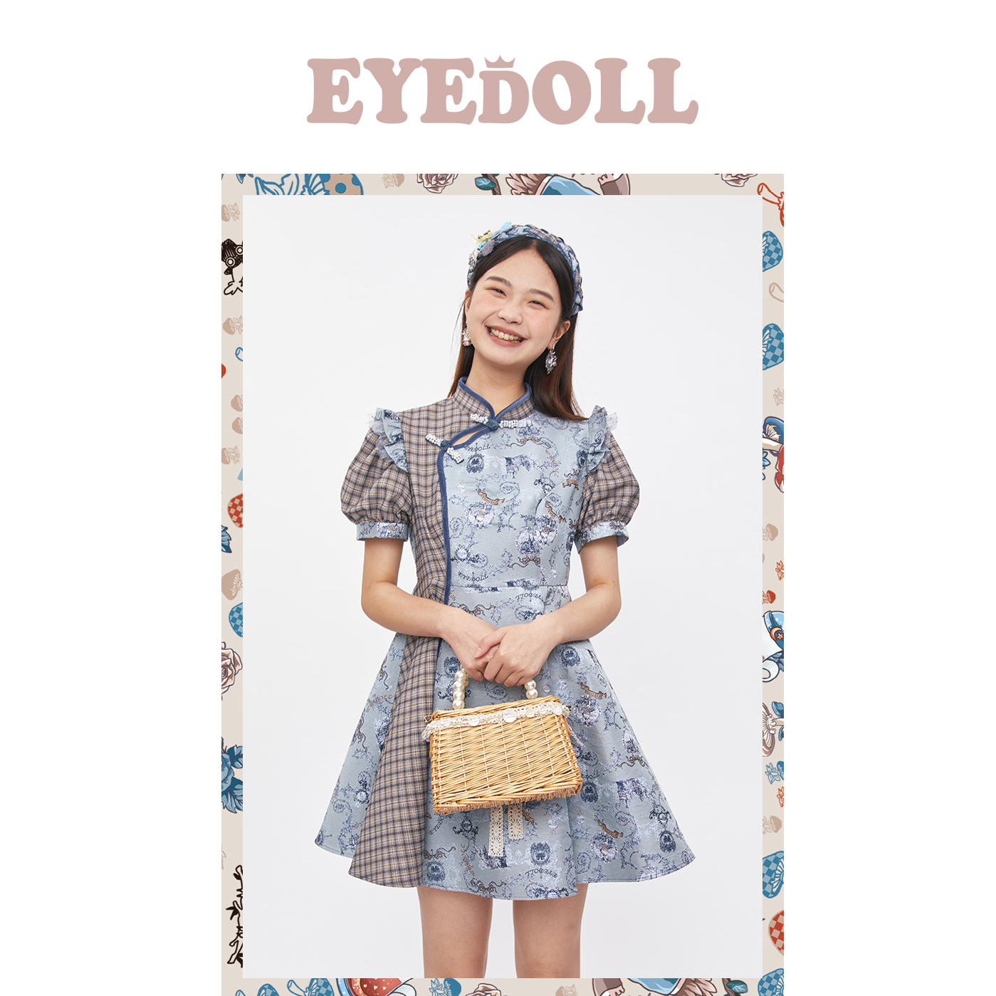 EYEDOLL 秋季复古立领盘扣泡泡袖新中式国风拼接格子提花连衣裙