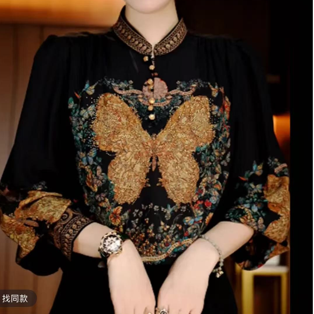 1583金蝶繁花上衣妈妈装高贵新款妈妈装洋气收腰过膝法式