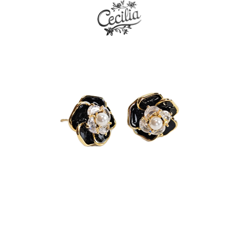 铜合金仿珍珠耳饰 Cecilia 奢华珍珠花朵轻奢黑金M-E02