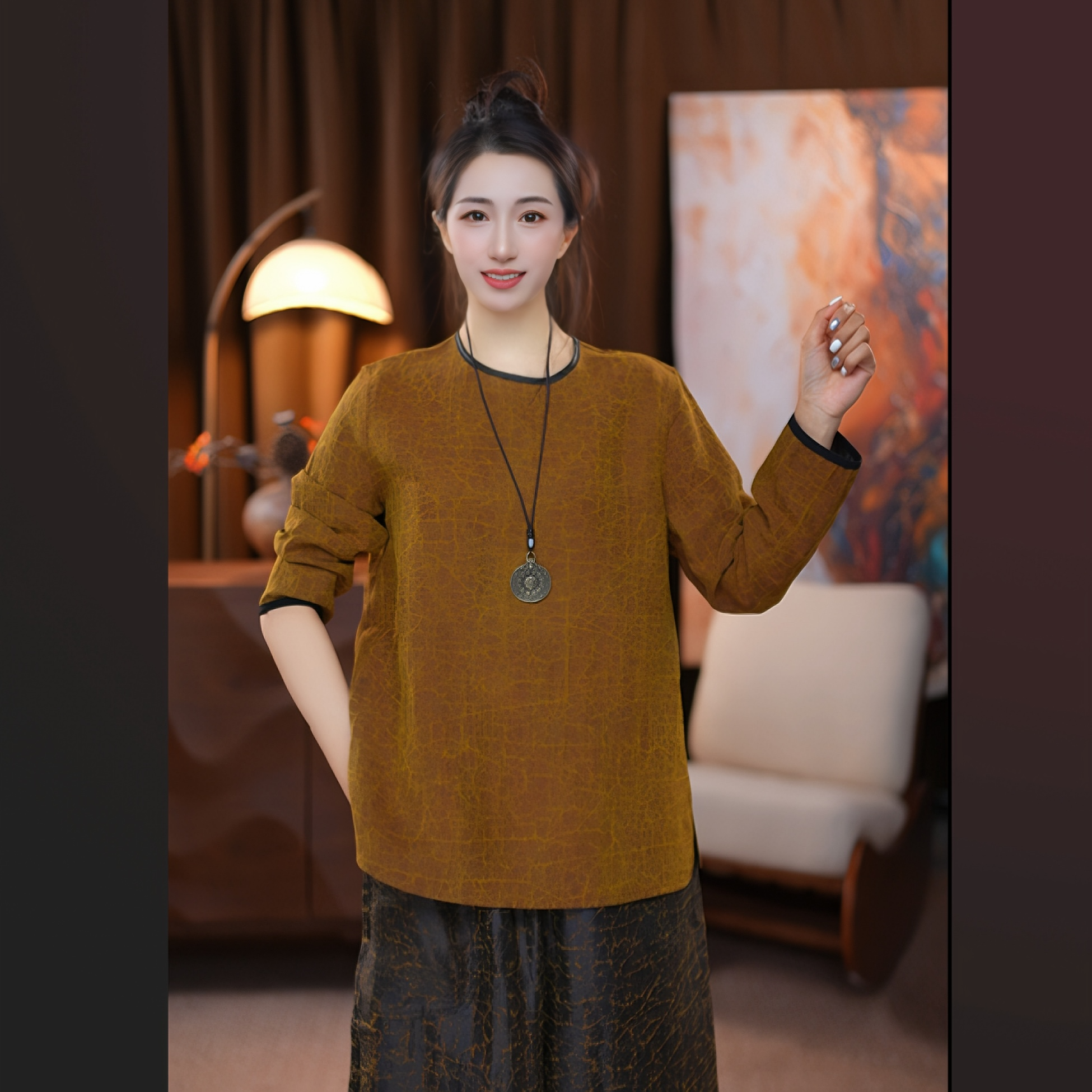 【和季】百分百桑蚕丝金龟民族风显瘦复古女装休闲圆领