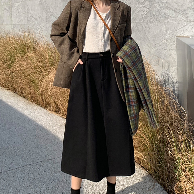 青倾家福利毛呢a字半身裙女秋冬高腰显瘦中长款休闲遮胯裙子
