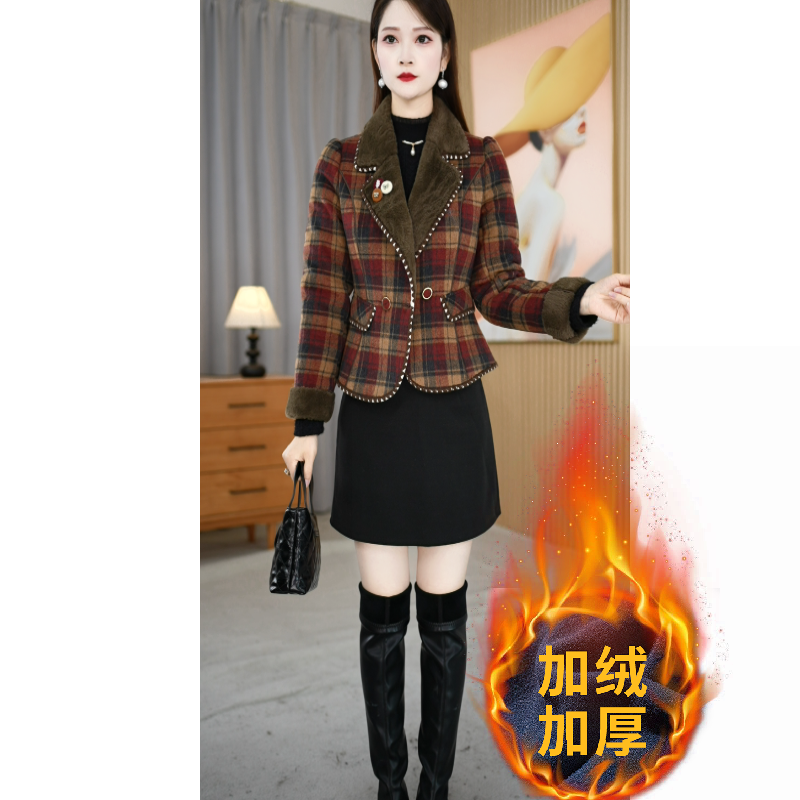 【加绒外套】2025冬季新款翻领时尚优雅复古短款百搭女士外套