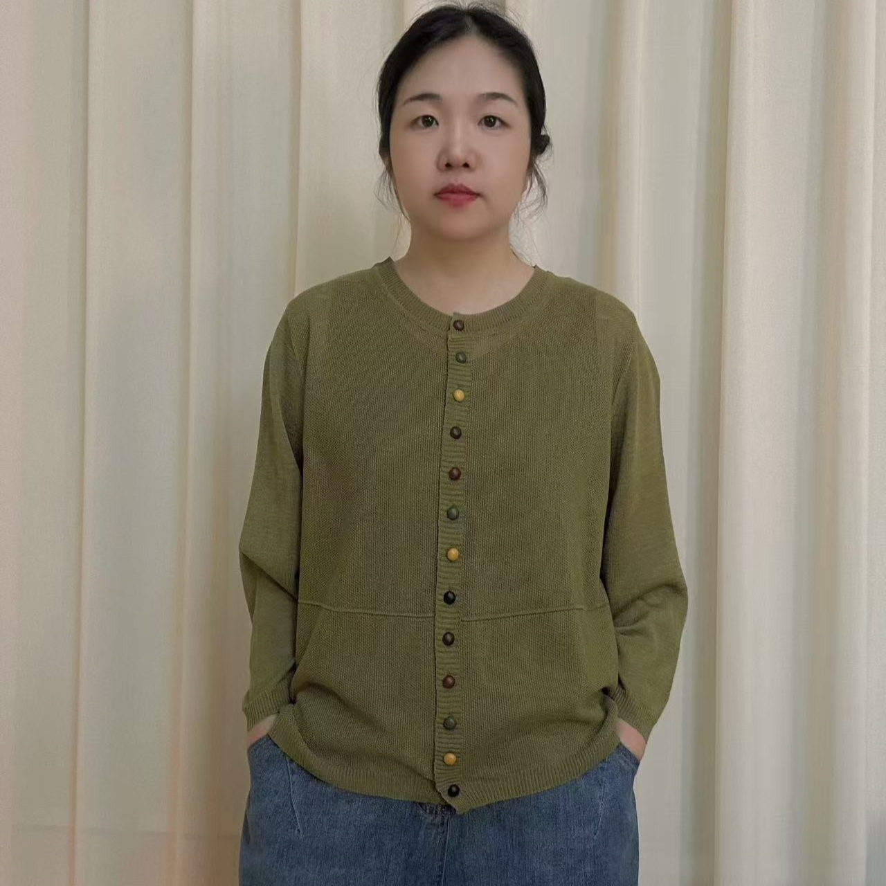 18189时尚夏季薄款百搭纯色长袖女装圆领毛针织衫宽松