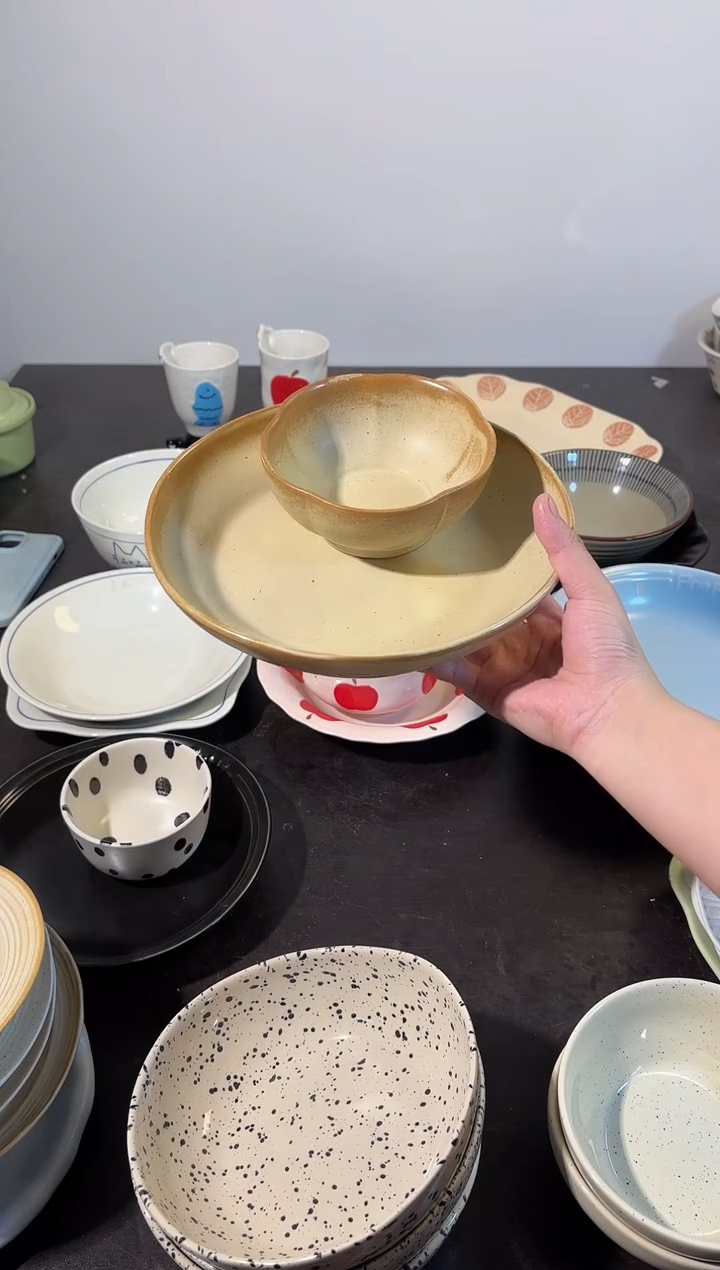 陶直播正品粗陶盘子+粗陶花型碗