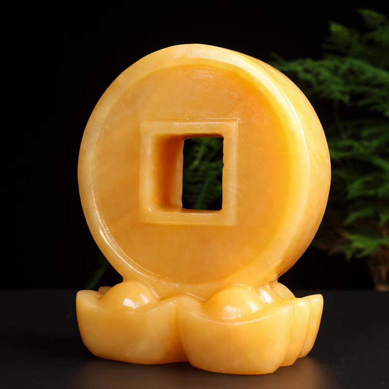 天然米黄玉铜钱元宝办公室摆件客厅摆件