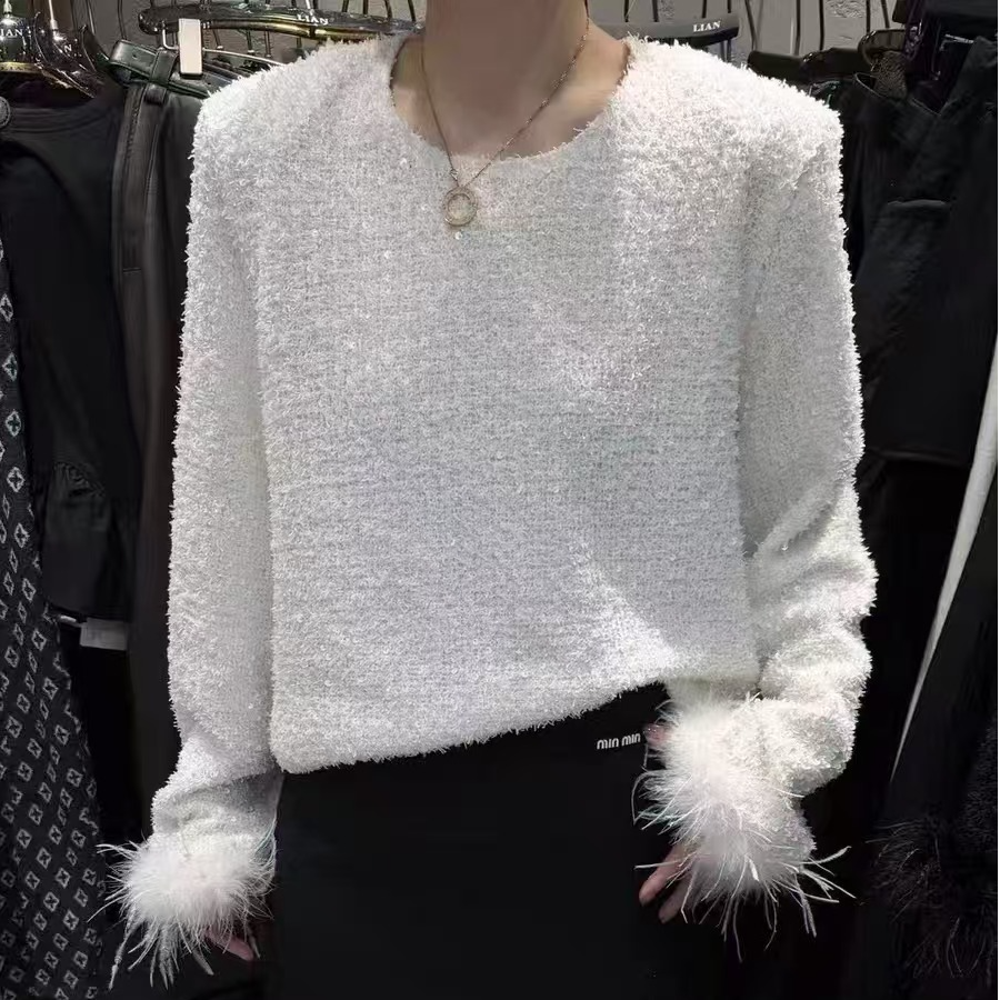 简约高级圆领毛边流苏上衣新款百搭秋冬毛衣ins