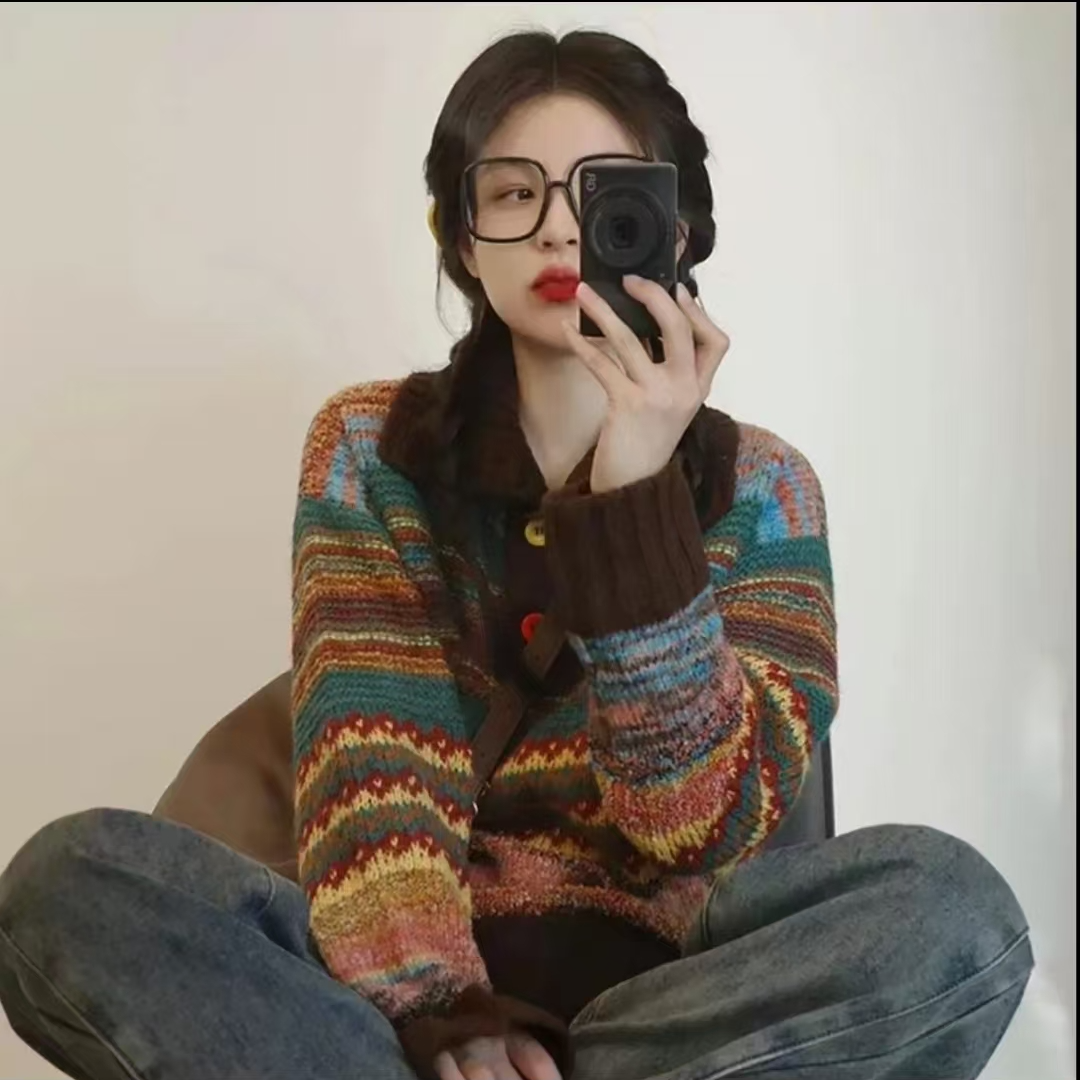 韩版费尔岛秋冬毛衣慵懒高级彩色条纹美拉德宽松韩系复古针织上衣