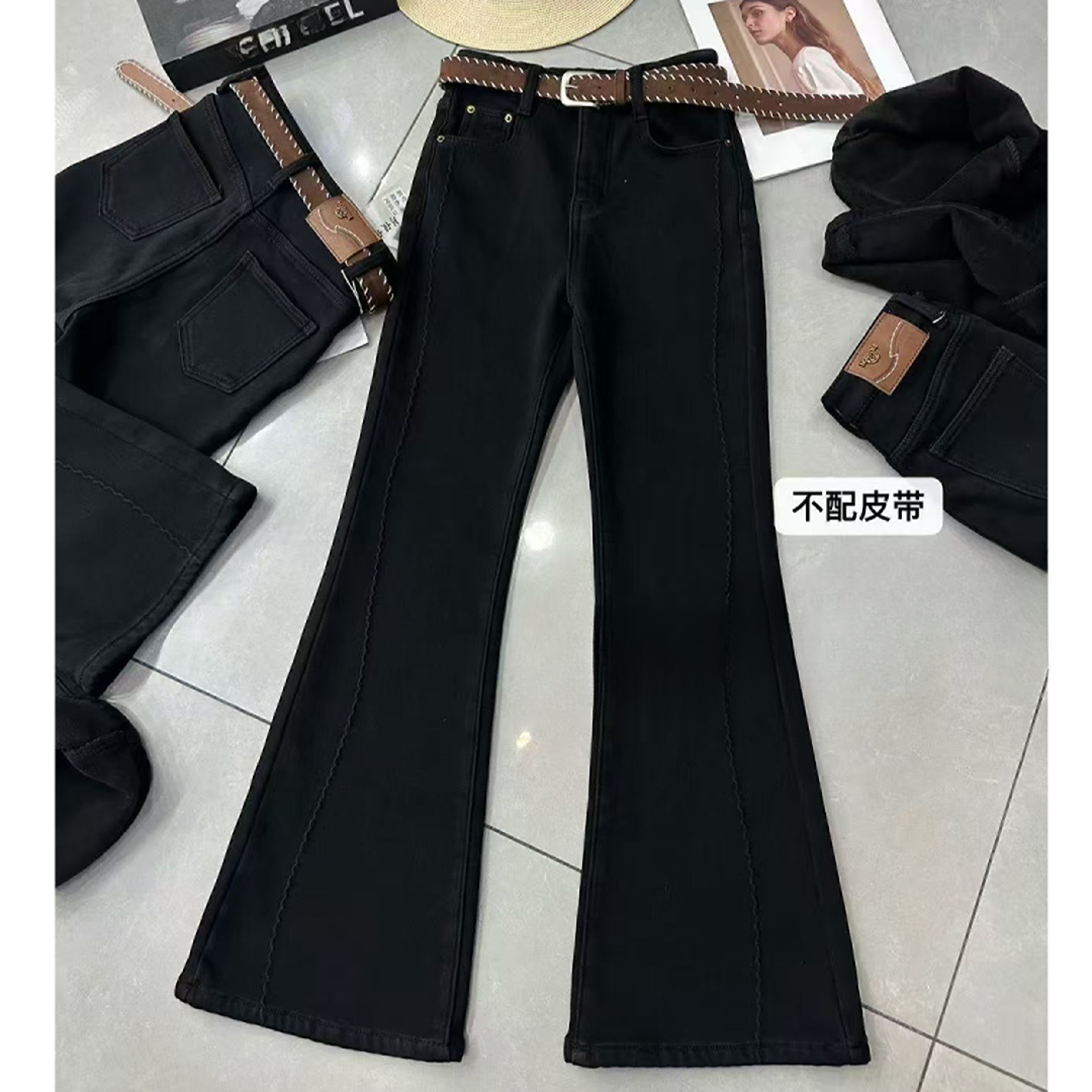 【锦衣服饰】XJ 8803韩系密密绒牛仔微喇裤