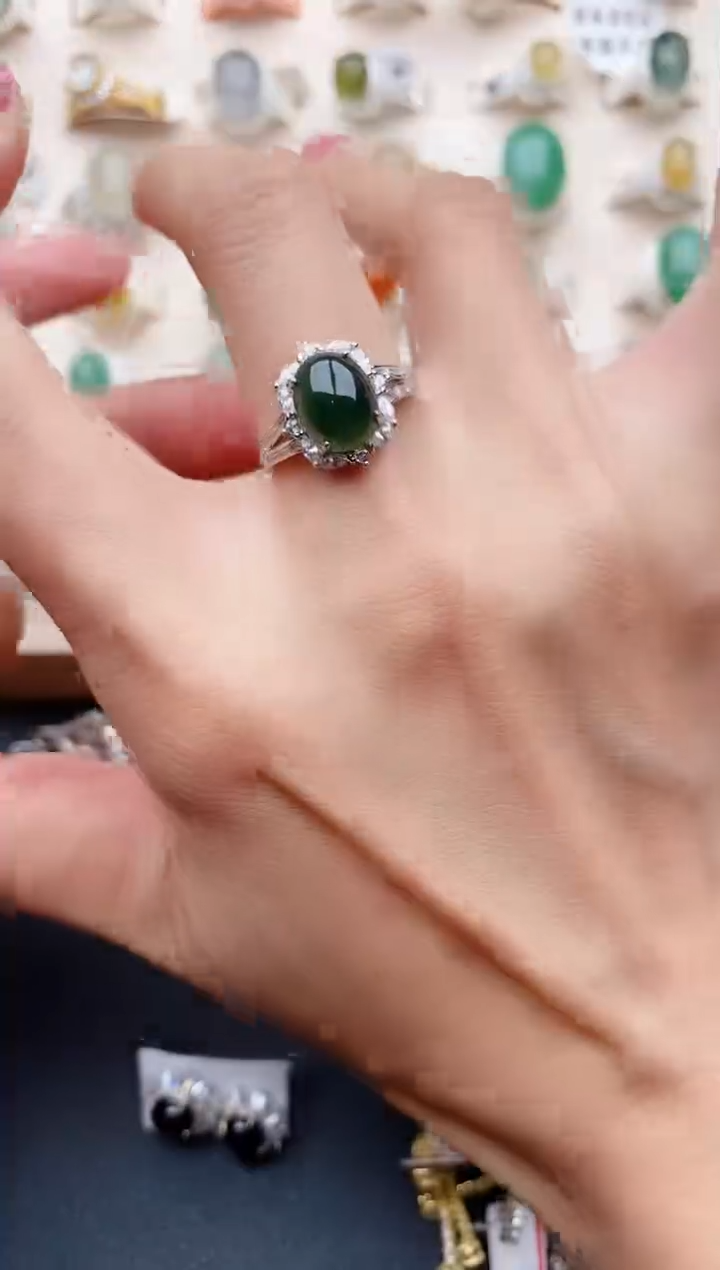 【闪购商品】翡翠戒指银S925镶嵌缅甸天然翡翠444   8-10